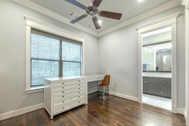 326 W 24th St, Houston, TX 77008 - office space with ornamental molding, a ceiling fan, and dark wood-style flooring
