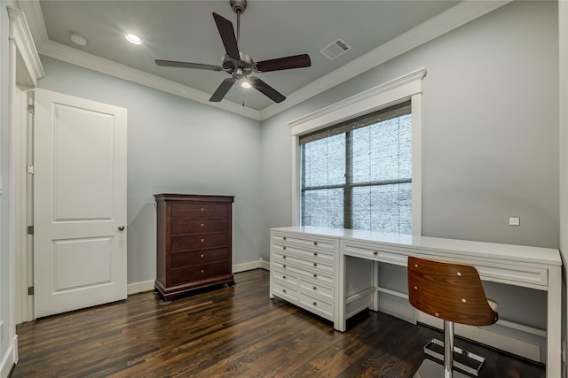 326 W 24th St, Houston, TX 77008 - office area with ornamental molding, dark wood-style flooring, a ceiling fan, and recessed lighting