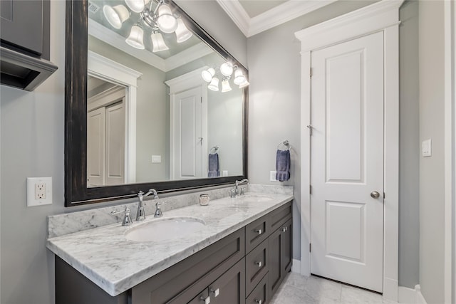326 W 24th St, Houston, TX 77008 - full bathroom with double vanity, a chandelier, and ornamental molding
