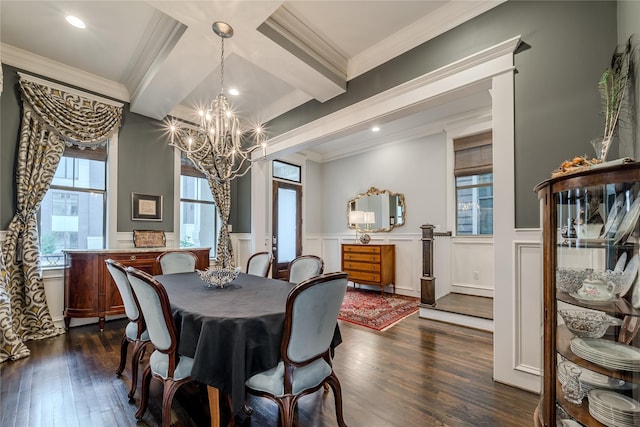 326 W 24th St, Houston, TX 77008 - dining room featuring a chandelier, dark wood finished floors, beam ceiling, a wainscoted wall, and crown molding