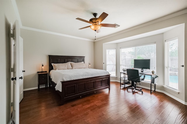 3817 Dunlavy Dr, Pearland, TX 77581 - bedroom featuring multiple windows, ornamental molding, dark wood finished floors, a desk, and ceiling fan
