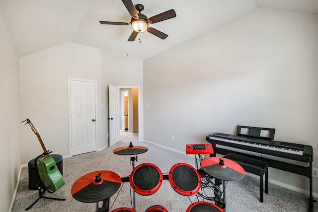 3817 Dunlavy Dr, Pearland, TX 77581 - recreation room with vaulted ceiling, carpet flooring, and ceiling fan