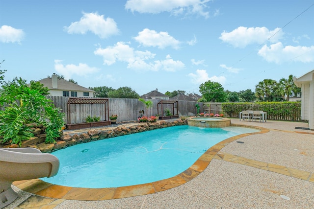 3817 Dunlavy Dr, Pearland, TX 77581 - view of swimming pool with a fenced backyard, a patio area, and a pool with connected hot tub