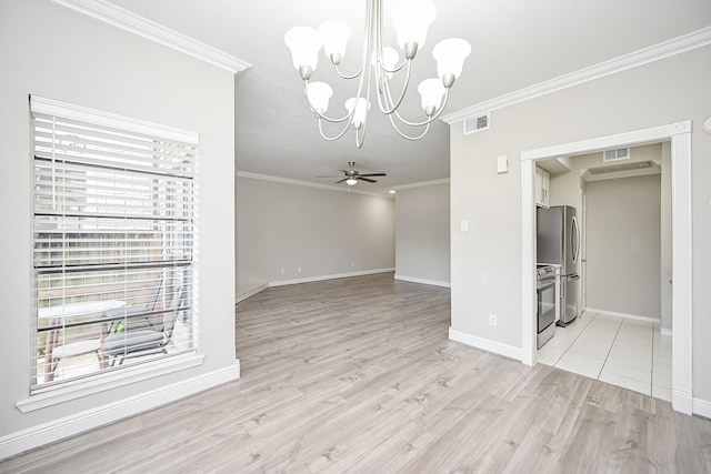 9707 Richmond Ave Unit 3, Houston, TX 77042 - empty room with a chandelier, crown molding, light wood-style flooring, and a ceiling fan