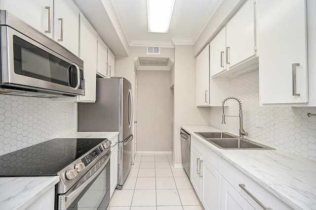 9707 Richmond Ave Unit 3, Houston, TX 77042 - kitchen featuring appliances with stainless steel finishes, white cabinetry, backsplash, ornamental molding, and light stone counters