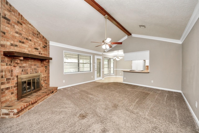 3938 Danpree St, Pasadena, TX 77504 - unfurnished living room with ceiling fan, a brick fireplace, carpet floors, a textured ceiling, and a chandelier