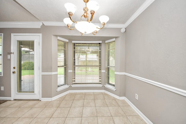 3938 Danpree St, Pasadena, TX 77504 - unfurnished dining area featuring a chandelier, tile patterned floors, and ornamental molding