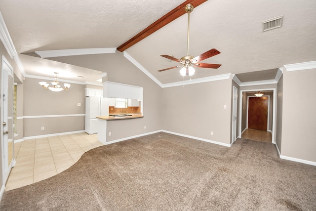 3938 Danpree St, Pasadena, TX 77504 - unfurnished living room with a chandelier, light tile patterned floors, light colored carpet, a ceiling fan, and a textured ceiling