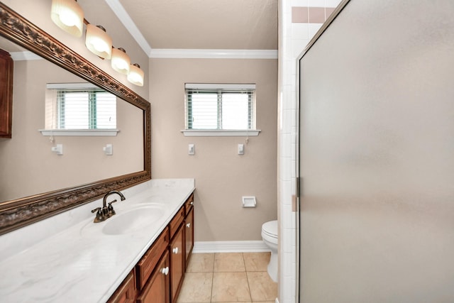 3938 Danpree St, Pasadena, TX 77504 - full bath with vanity, plenty of natural light, a shower with shower door, ornamental molding, and tile patterned floors