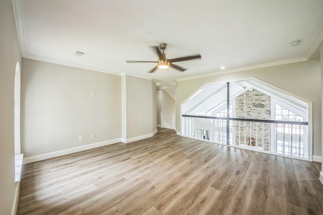 18318 Widcombe Dr, Houston, TX 77084 - unfurnished room with a ceiling fan, wood finished floors, a smoke detector, and ornamental molding