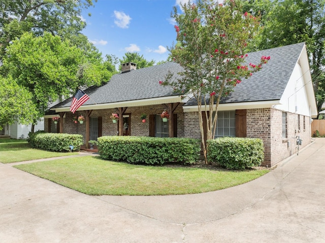 907 E Houston Ave, Crockett, TX 75835 - view of front of property featuring brick siding, a shingled roof, a front yard, a porch, and a chimney