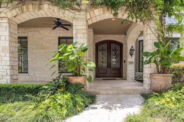 3019 Sunset Blvd, Houston, TX 77005 - view of exterior entry with stone siding and ceiling fan