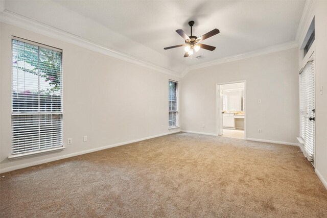 107 N Sunny Slope Cir, The Woodlands, TX 77381 - unfurnished bedroom with carpet, ornamental molding, connected bathroom, and ceiling fan