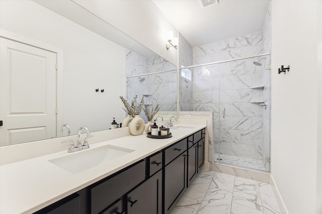 4155 Griggs Rd, Houston, TX 77021 - full bathroom with marble look tile flooring, double vanity, and a marble finish shower