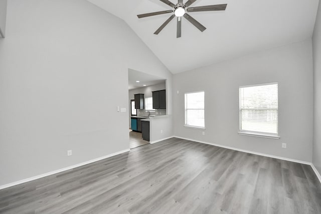 10342 Whisper Bluff Dr, Humble, TX 77396 - unfurnished living room with a ceiling fan, wood finished floors, and high vaulted ceiling