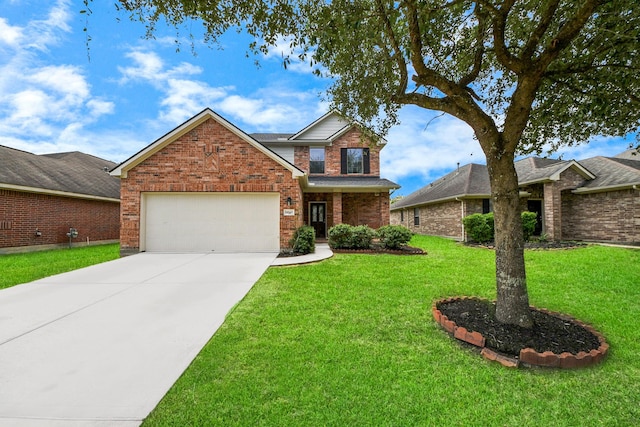 10342 Whisper Bluff Dr, Humble, TX 77396 - traditional home with brick siding, a front lawn, driveway, and a garage
