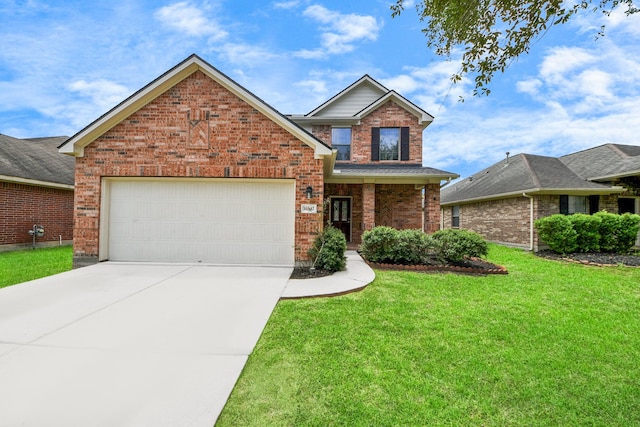 10342 Whisper Bluff Dr, Humble, TX 77396 - traditional home featuring brick siding, a front lawn, driveway, and a garage