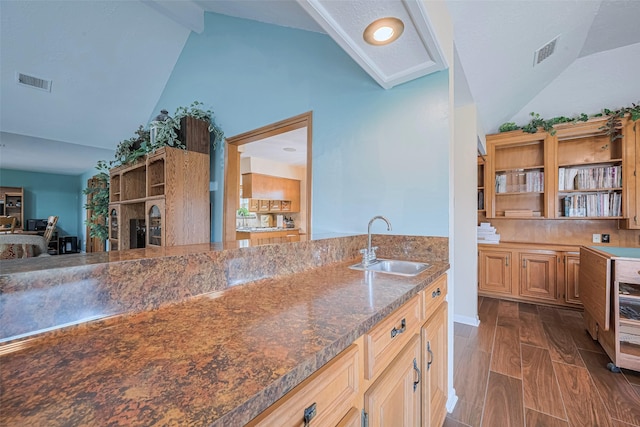 15435 Rio Plaza Dr, Houston, TX 77083 - kitchen featuring vaulted ceiling and open shelves