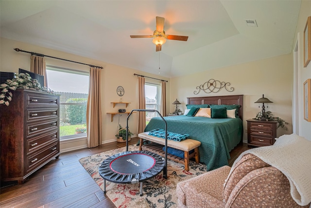 15435 Rio Plaza Dr, Houston, TX 77083 - bedroom with wood finished floors, vaulted ceiling, and ceiling fan