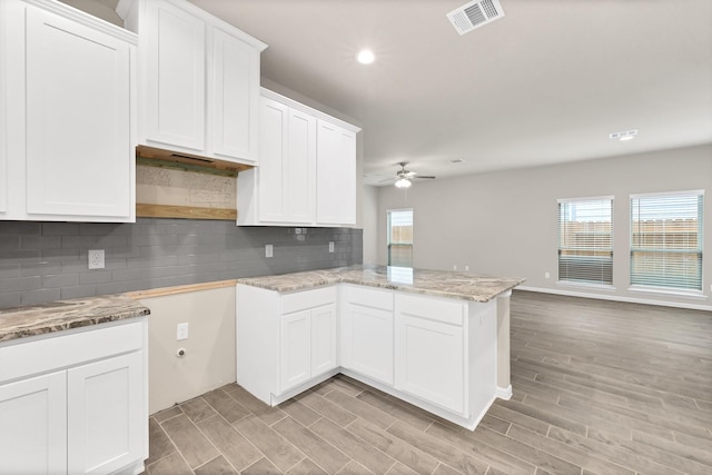 5096 Marcasca Dr, Katy, TX 77493 - kitchen featuring a ceiling fan, light stone countertops, a peninsula, open floor plan, and white cabinets