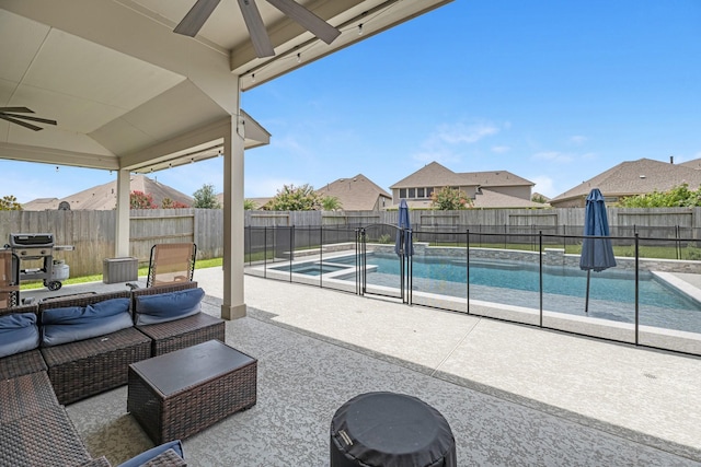 15519 Ponderosa Bend Dr, Cypress, TX 77429 - fenced backyard with a ceiling fan, area for grilling, a patio area, a pool with connected hot tub, and a residential view