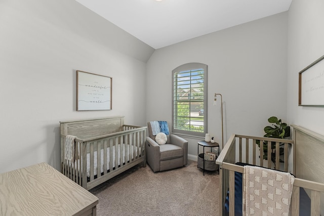 15519 Ponderosa Bend Dr, Cypress, TX 77429 - bedroom with carpet, a crib, and vaulted ceiling
