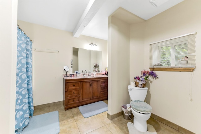 19757 Dorris Dr, Magnolia, TX 77355 - bathroom with vanity, tile patterned floors, beam ceiling, and curtained shower