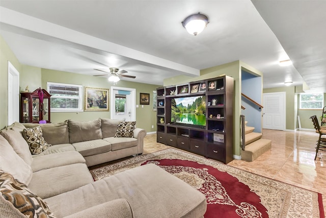 19757 Dorris Dr, Magnolia, TX 77355 - living room with stairway and ceiling fan