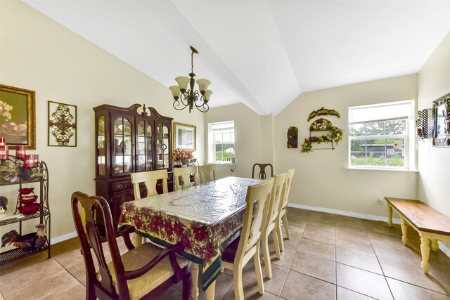 19757 Dorris Dr, Magnolia, TX 77355 - dining space featuring a chandelier, light tile patterned floors, and vaulted ceiling