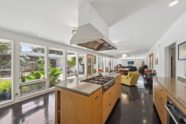 1306 Harbor Vw, Galveston, TX 77551 - kitchen featuring stainless steel appliances, island exhaust hood, stone countertops, open floor plan, and a kitchen island