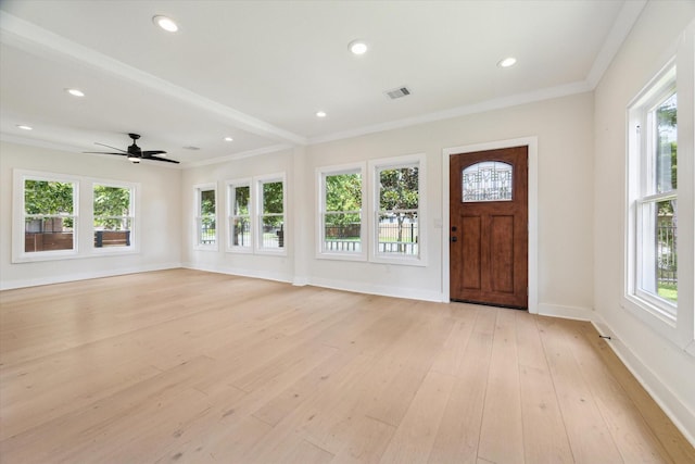 1204 Studewood St, Houston, TX 77008 - foyer entrance featuring healthy amount of natural light, light wood-type flooring, crown molding, recessed lighting, and a ceiling fan