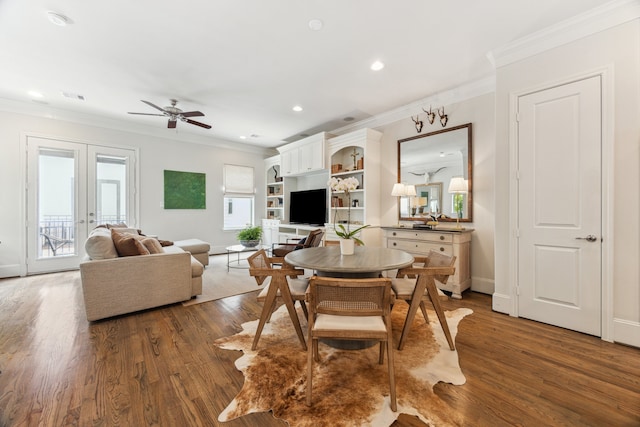 1010 W 24th St Unit N, Houston, TX 77008 - dining area with crown molding, french doors, ceiling fan, wood finished floors, and recessed lighting