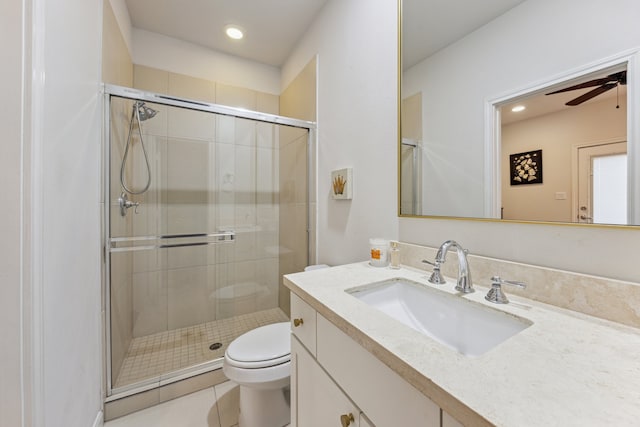 1010 W 24th St Unit N, Houston, TX 77008 - bathroom with vanity, a shower stall, a ceiling fan, recessed lighting, and tile patterned flooring