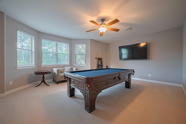 18315 Cape Lookout Way, Humble, TX 77346 - playroom with light carpet, a ceiling fan, and billiards