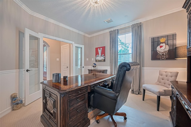 18315 Cape Lookout Way, Humble, TX 77346 - office with light carpet, crown molding, arched walkways, and a wainscoted wall