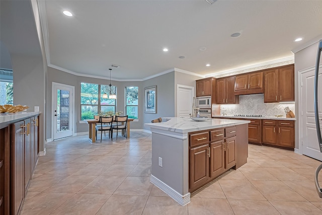 18315 Cape Lookout Way, Humble, TX 77346 - kitchen featuring ornamental molding, light tile patterned floors, healthy amount of natural light, decorative backsplash, and recessed lighting