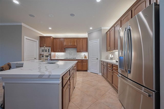 18315 Cape Lookout Way, Humble, TX 77346 - kitchen with appliances with stainless steel finishes, crown molding, backsplash, light stone countertops, and light tile patterned flooring