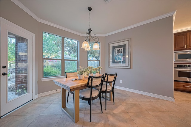 18315 Cape Lookout Way, Humble, TX 77346 - dining space featuring ornamental molding, a chandelier, and light tile patterned flooring