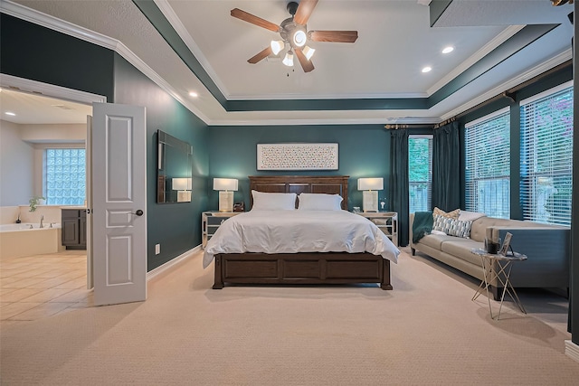 18315 Cape Lookout Way, Humble, TX 77346 - carpeted bedroom featuring crown molding, recessed lighting, ceiling fan, and a tray ceiling