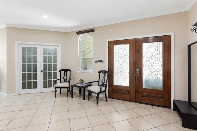 5343 Oak Cove Dr, Houston, TX 77091 - entryway with french doors, ornamental molding, and light tile patterned floors