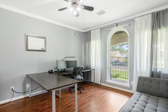 5343 Oak Cove Dr, Houston, TX 77091 - office space with wood finished floors, ornamental molding, and a ceiling fan