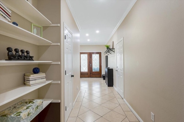 5343 Oak Cove Dr, Houston, TX 77091 - corridor with ornamental molding, light tile patterned floors, and recessed lighting