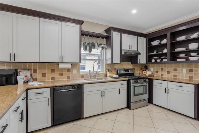 5343 Oak Cove Dr, Houston, TX 77091 - kitchen with dishwasher, stainless steel gas stove, crown molding, open shelves, and backsplash