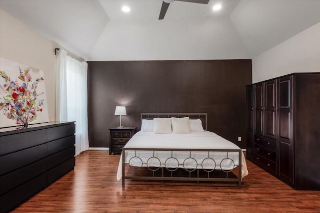 5343 Oak Cove Dr, Houston, TX 77091 - bedroom featuring lofted ceiling, wood finished floors, ceiling fan, and recessed lighting