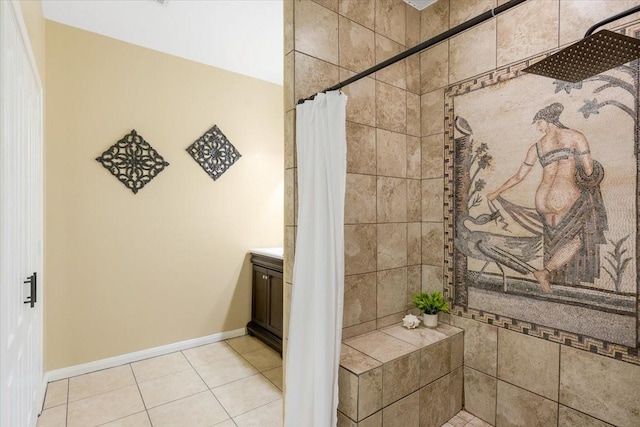 5343 Oak Cove Dr, Houston, TX 77091 - full bathroom featuring tile patterned floors, a tile shower, and vanity