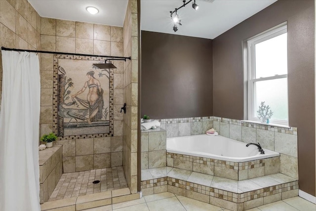 5343 Oak Cove Dr, Houston, TX 77091 - bathroom with a bath, tiled shower, and tile patterned flooring