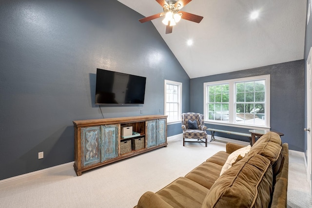 2120 Gostick St, Houston, TX 77008 - carpeted living room featuring a ceiling fan, high vaulted ceiling, and recessed lighting