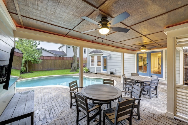 2120 Gostick St, Houston, TX 77008 - view of pool with french doors, a fenced backyard, outdoor dining space, a ceiling fan, and a patio