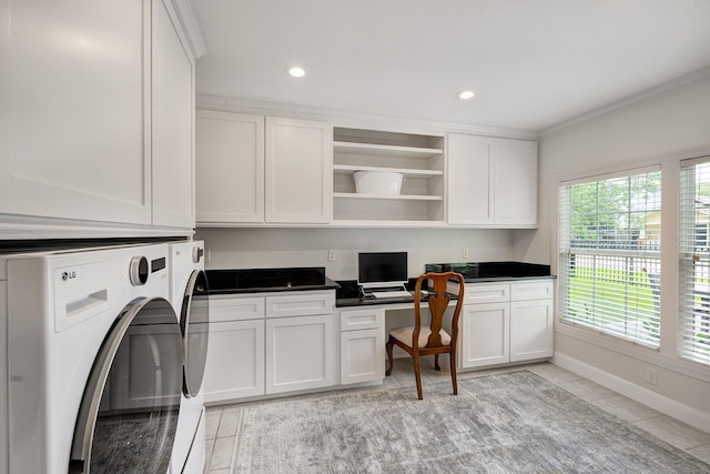 2120 Gostick St, Houston, TX 77008 - washroom featuring washer and clothes dryer, cabinet space, ornamental molding, recessed lighting, and a desk