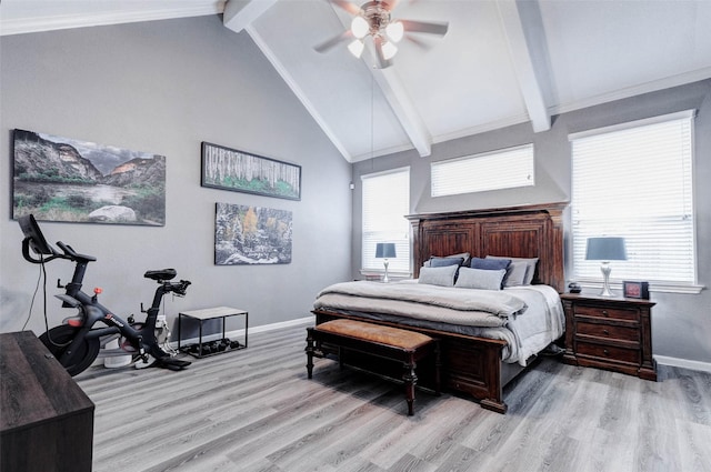 2302 Lakecrest Gardens Dr, Katy, TX 77493 - bedroom with beam ceiling, light wood finished floors, a ceiling fan, and high vaulted ceiling